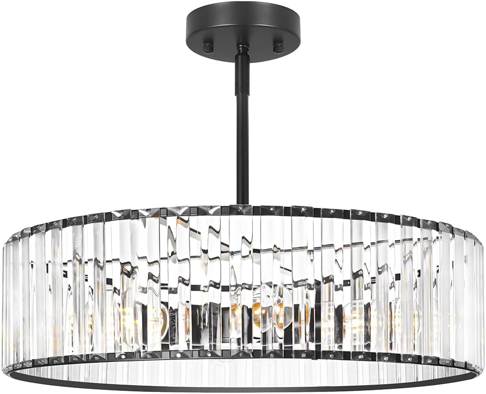 Modern Crystal Chandelier, 6-light Dinning Room Light Fixture, Round Pendant Light Kitchen Island, Black Hallway Light Fixture, Semi Flush Mount Ceiling for Living Room Entryway Bedroom Foyer, E26