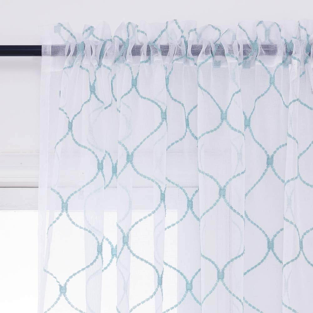 Embroidery Sheer Curtains Blue 63 Inches, Rod Pocket Voile Drapes for Living room, Bedroom, Window Treatments Wave Diamond Semi Crinkle Curtain Panels for Yard, Patio, Villa, Set of 2, 52"x 63".