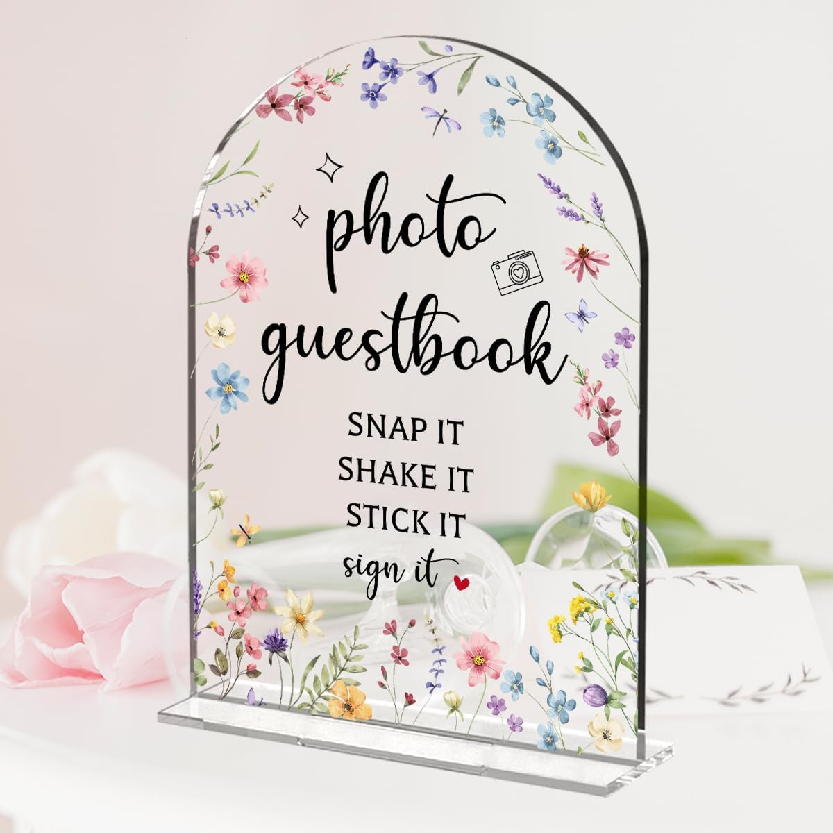 Wedding Sign Decor, Photo Guest Book Sign, 5x7 Inch Arch Acrylic, Wedding Sign for Reception & Event Party, Bridal Shower Decorations, Wedding Table Sign Accessories for Anniversary And Event(Flower)