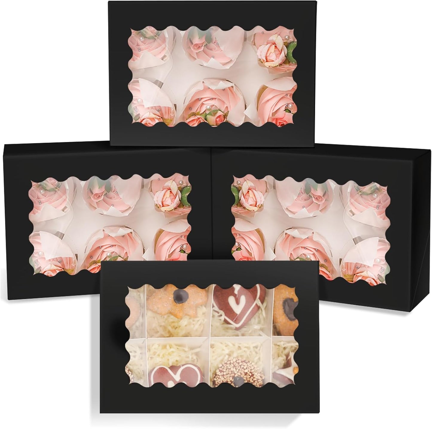 qiqee Black 6 Cupcake Boxes with Window Auto-pop up 30 Packs Cupcake Box 9"x6.1"x3.3" Bakery Boxes For Cupcakes Carrier, Cupcake Containers