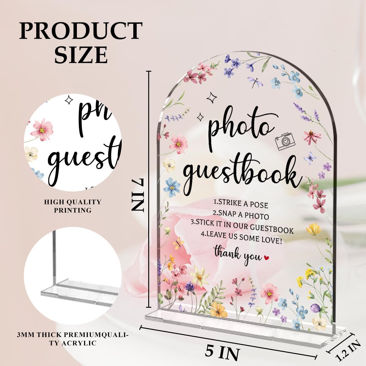 Wedding Sign Decor, Photo Guest Book Sign, Wedding Sign for Reception & Event Party, Bridal Shower Decorations, Wedding Table Sign Accessories for Event 5x7 Inch Arch Acrylic (Flower)