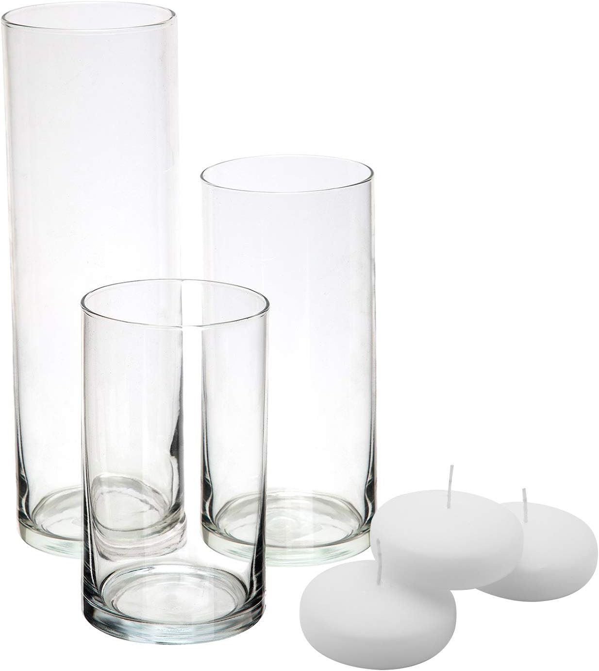 Royal Imports Glass Cylinder Flower Centerpiece Vases Set of 3 - Hurricane Candle Holder Pillar, Floating, Tealights - Use for Floral, Wedding, Home Decor, Holiday Includes 3 Floating Candles