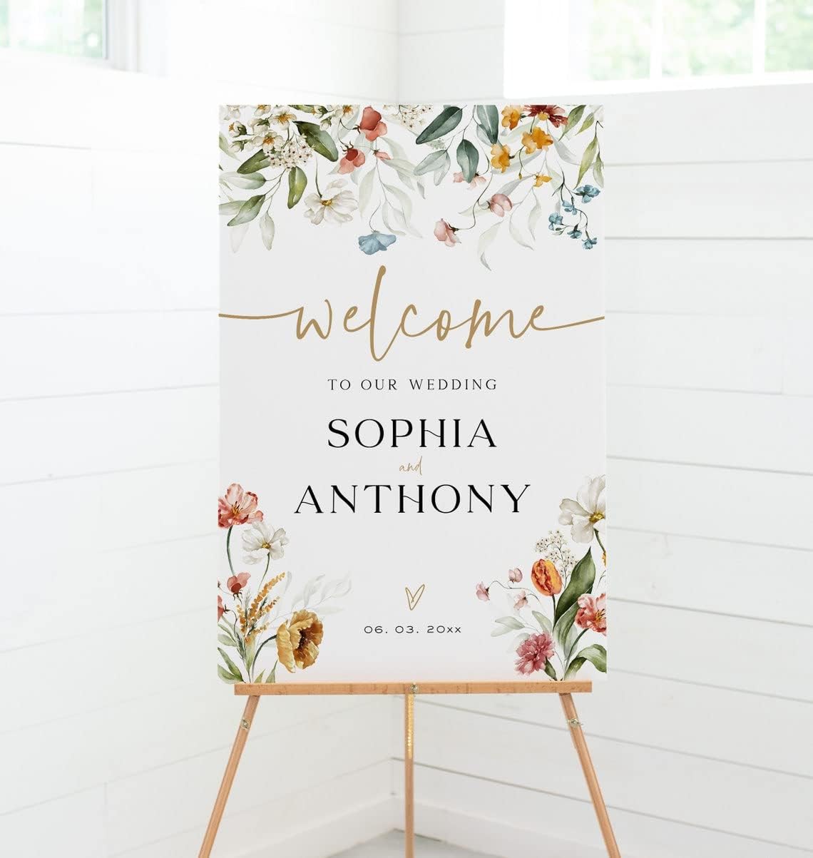 Generic Floral Wedding Welcome Sign, 18x27 inches, Plastic, 4 mm Thick, Tabletop/Hanging Mount, Includes Stand