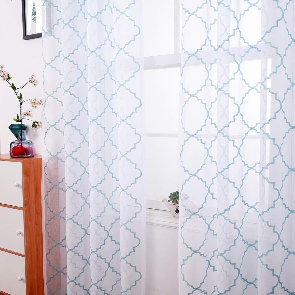 Blue Sheer Curtains 84 Inches Long, Moroccan Embroidered Rod Pocket Sheer Drapes for Living room, Bedroom, 2 Panels, 52"x 84", Semi Crinkle Voile Window Treatments for Yard, Patio, Villa, Set of 2.