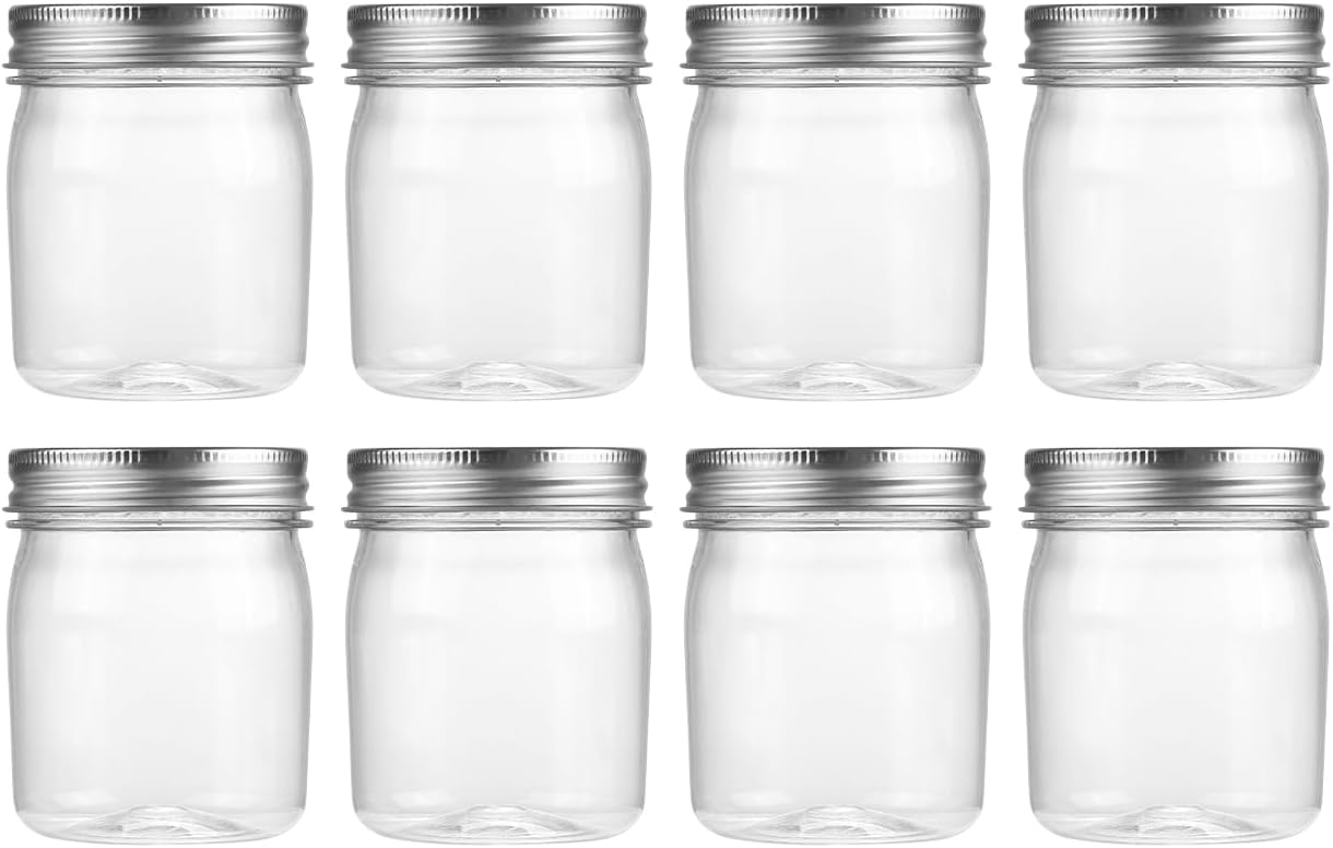 novelinks 8 oz Clear Plastic Jars with Screw-On Lids - BPA-Free Refillable Storage Containers for Slime, Spices, Crafts, Kitchen & Home Organization (8 Pack,Silver)