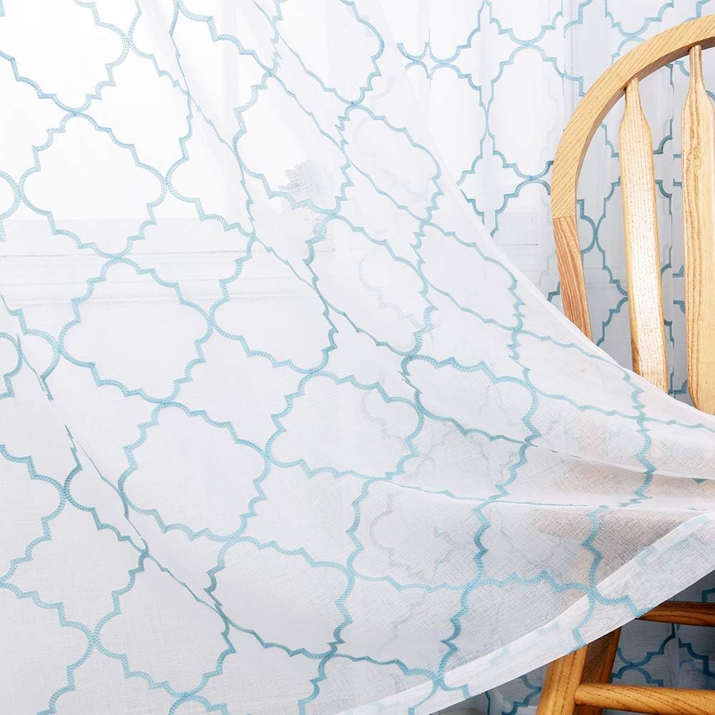 Blue Sheer Curtains 84 Inches Long, Moroccan Embroidered Rod Pocket Sheer Drapes for Living room, Bedroom, 2 Panels, 52"x 84", Semi Crinkle Voile Window Treatments for Yard, Patio, Villa, Set of 2.