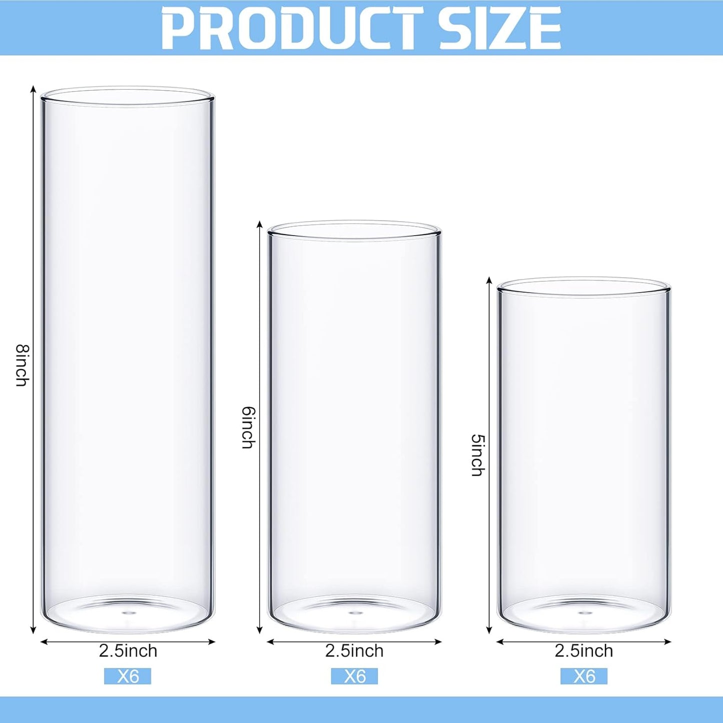 Sawysine 18 Pcs Glass Cylinder Vases 2.5''/2.95''/3.9'' Diameter Clear Flowers Vase Hurricane Floating Candles Holders for Table Centerpieces (2.5 x 5 in,2.5 x 6 in,2.5 x 8 in)