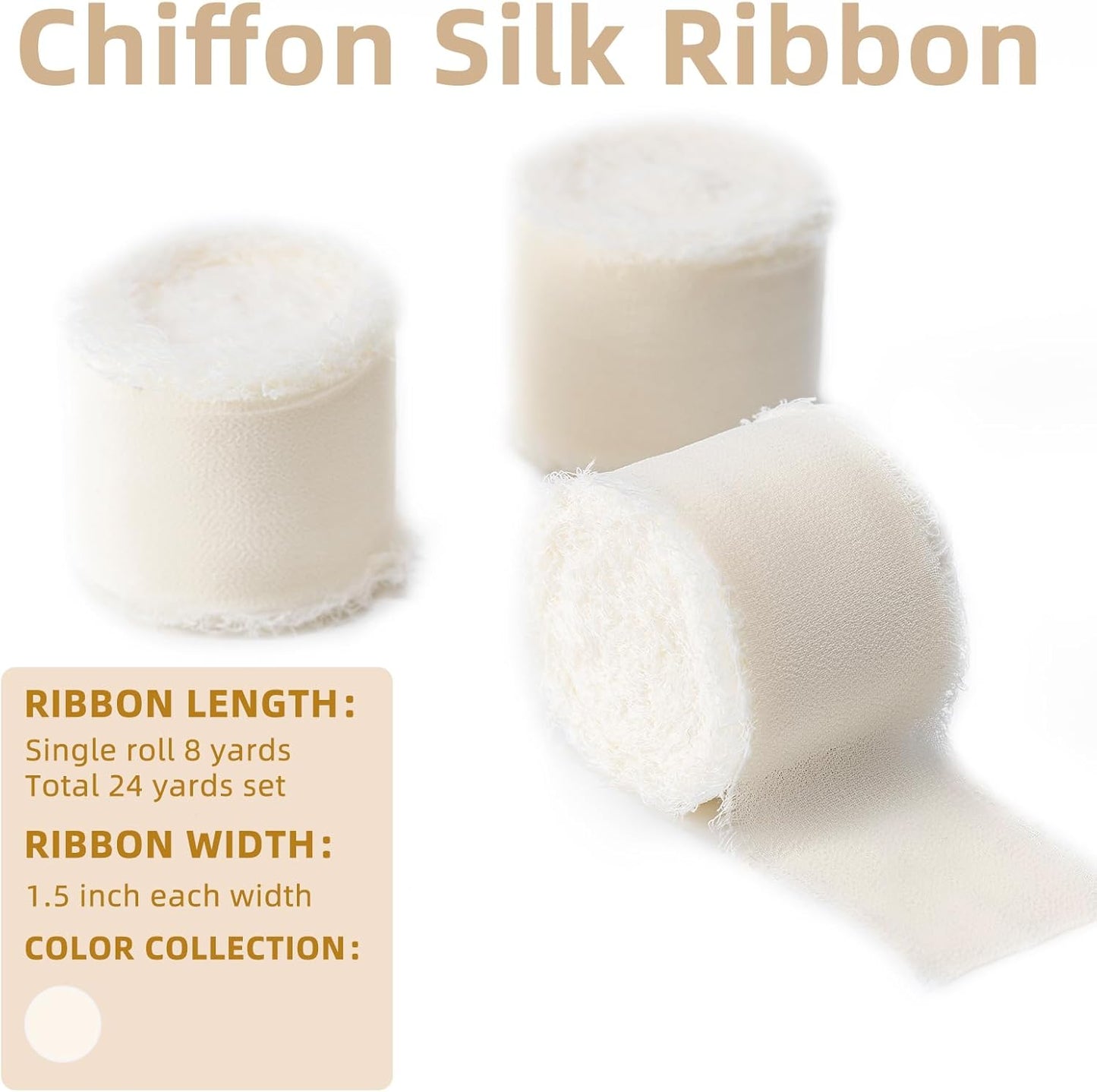 Ivory Handmade Chiffon Ribbon,1.5Inch x 3 Rolls Total 24 Yards Ivory Fringe Chiffon Silk Ribbon,for Wrapping Wedding Invitations,Bridal Bouquets,DIY Crafts,Home Decor and More