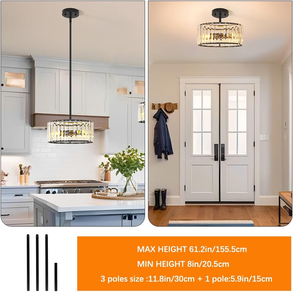 Black 3 Light Crystal Chandelier, Modern Dining Room Light Fixture over Table, Round Kitchen Lighting Fixture, Farmhouse Semi Flush Mount Ceiling Pendant Light for Living Room Bedroom Hallway Entryway