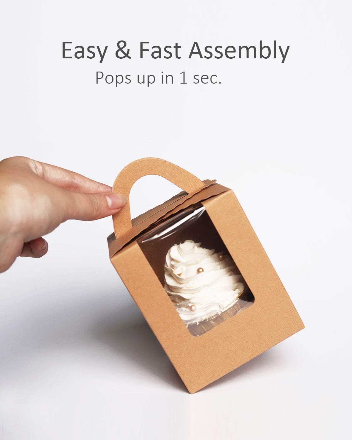 qiqee Kraft Cupcake Boxes 60 Packs Individual Cupcake Holders Disposable Brown Single Cupcake Boxes with Window 3.6 * 3.6 * 4.3inch Cupcake Containers