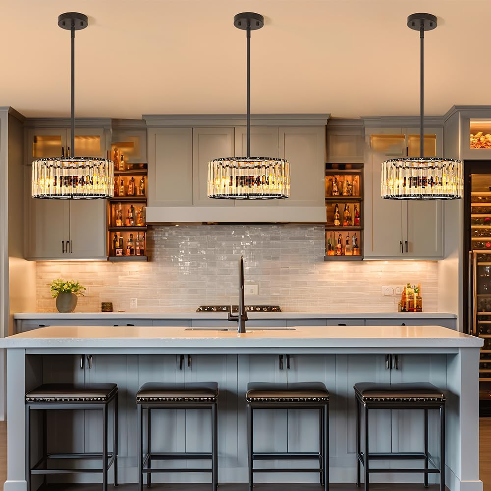 Black 3 Light Crystal Chandelier, Modern Dining Room Light Fixture over Table, Round Kitchen Lighting Fixture, Farmhouse Semi Flush Mount Ceiling Pendant Light for Living Room Bedroom Hallway Entryway