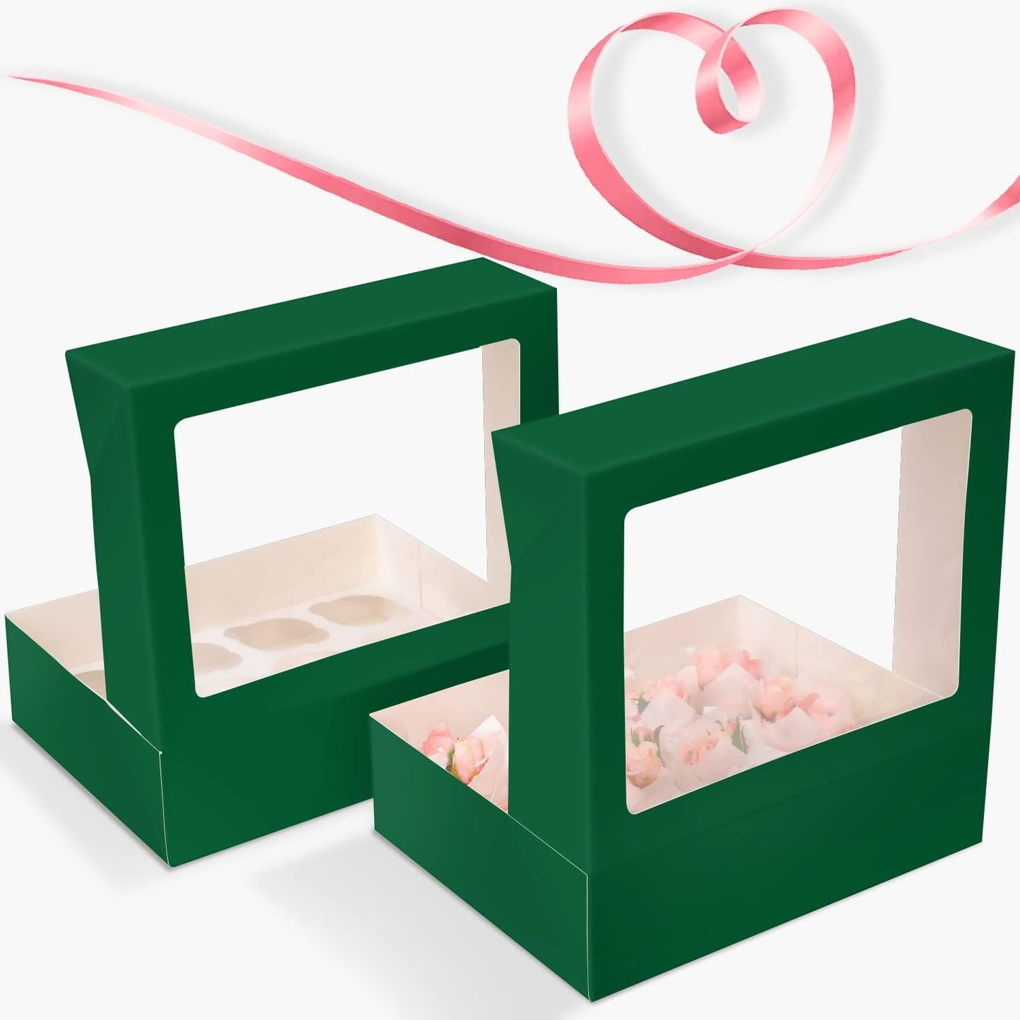 12 Cupcake Containers 10-Packs Forest Green Cupcake Box Cupcakes Carrier, 12 Cupcake Boxes with Window 13"x10"x3.5"（Auto-pop up）