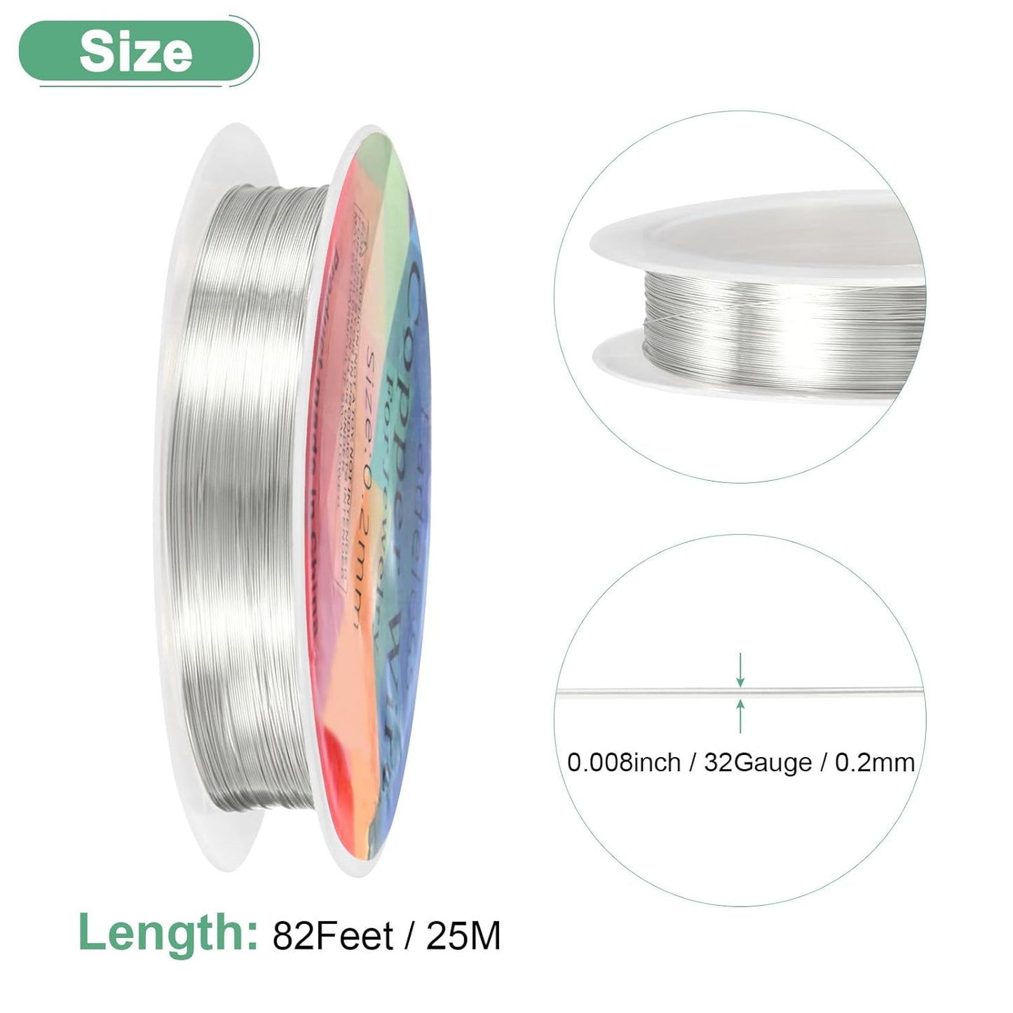 0.2 mm/32 Gauge Copper Wire for Jewelry Making, 82FT Copper Beading Craft Wire for Jewelry/Weaving/DIY Crafting/Planting, Color-Retaining [25M, Bright Silver]