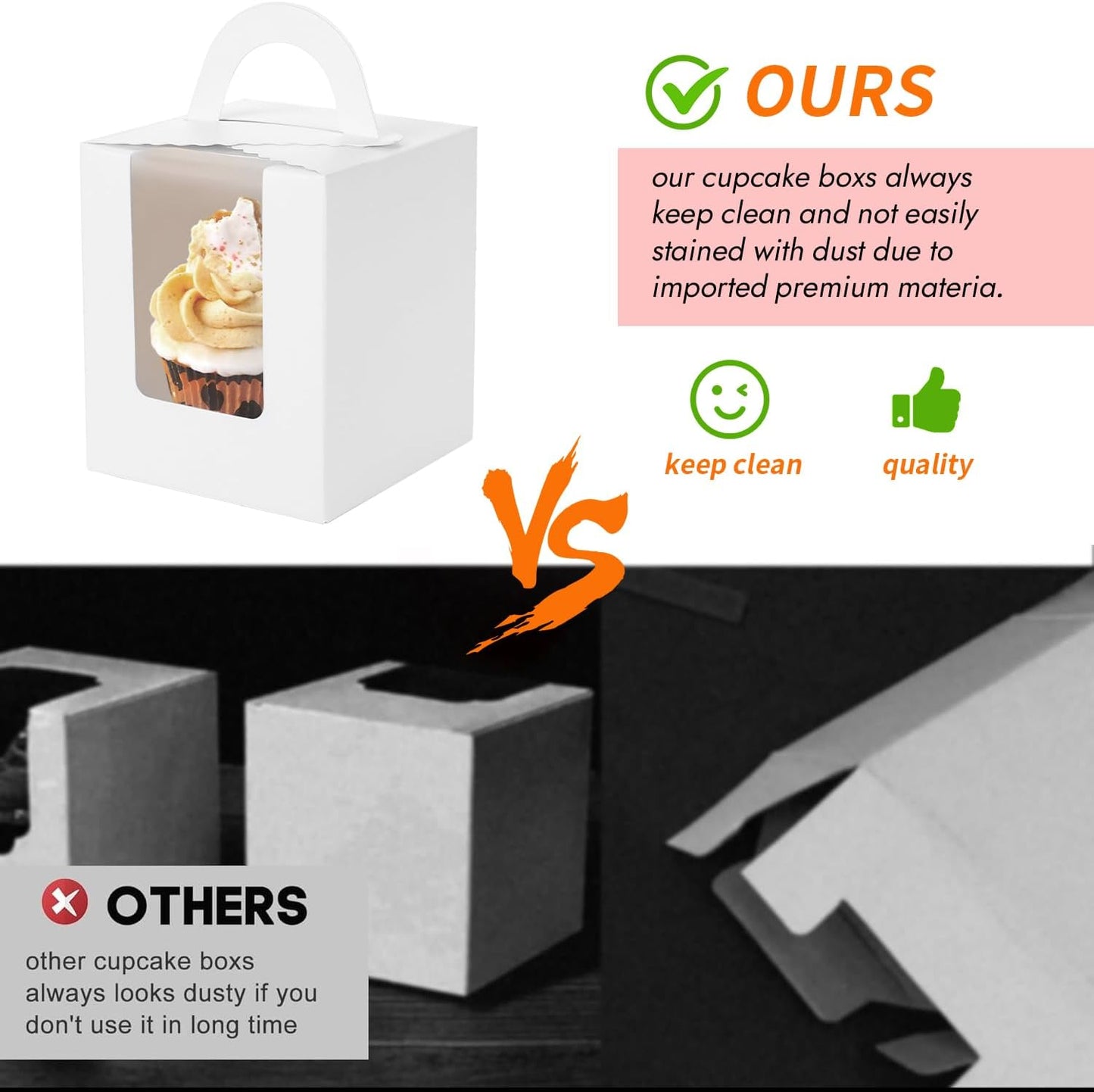 JCD 120Packs Cupcake Boxes with Window and Handle and Insert,Individual Disposable White Single Cupcakes Box Individuals Cupcake Holders White Single Cupcakes Boxes Containers (White/120Pcs)