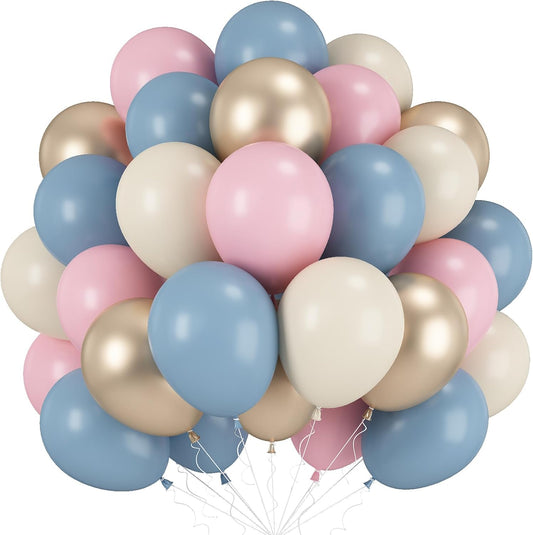 Gender Reveal Balloons, 60 Pcs 12 Inch Dusty Blue Pink Balloons, Chrome Gold Sand White Balloon for Boho Gender Reveal Engagement Bachelorette Birthday Baby Shower Bridal Bear Theme Party Decorations