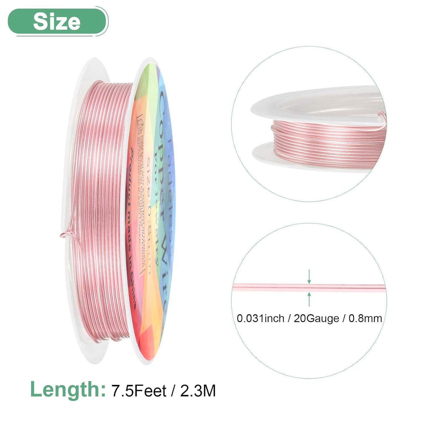 0.8 mm/20 Gauge Copper Wire for Jewelry Making, 7.5FT Copper Beading Craft Wire for Jewelry/Weaving/DIY Crafting/Planting, Color-Retaining [2.3 M, Rose Gold]
