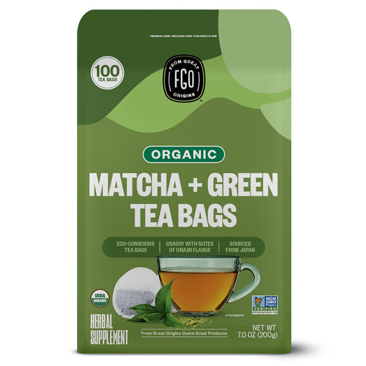 FGO Organic Japanese Matcha + Green Tea, 100 Count, Eco-Conscious Tea Bags, Resealable Bag, Packaging May Vary (Pack of 1)