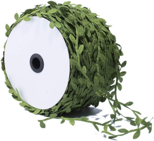 BASOKAN 100 Yards - Olive Green Leaves Leaf Ribbon Trim Rope for Garland DIY Crafts and Party Wedding Home Decorations