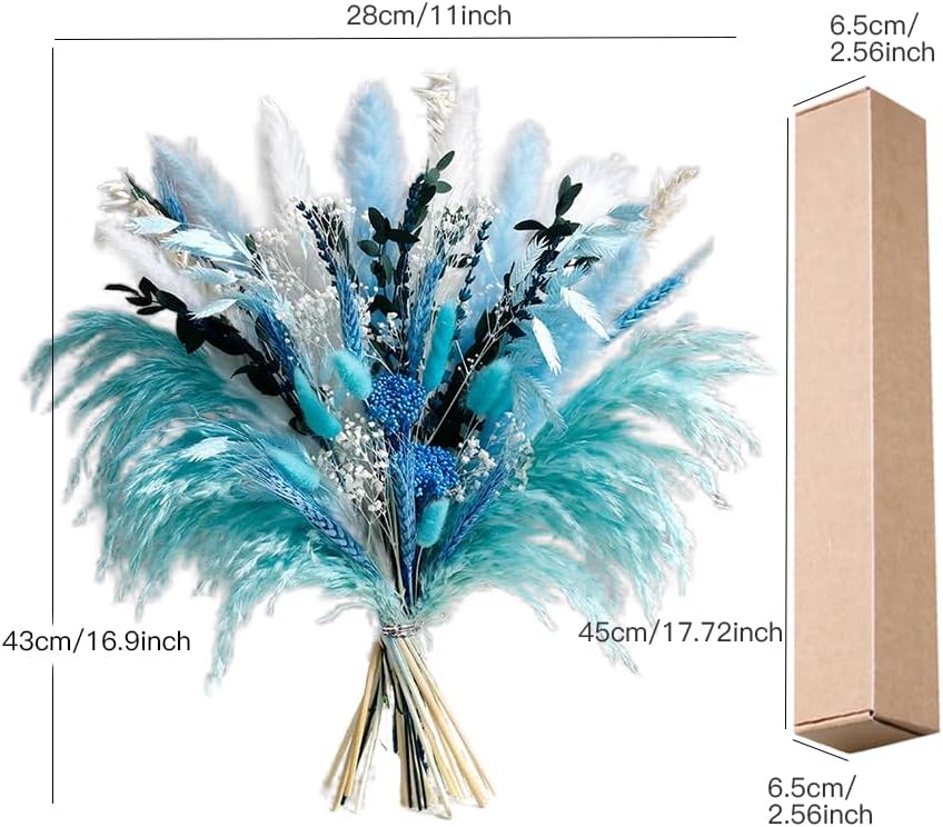 Blue Dried Flowers Bouquet with Pampas Grass - Boho Home Decor and DIY Floral Arrangements for Bedroom, Office, and Wedding Centerpieces