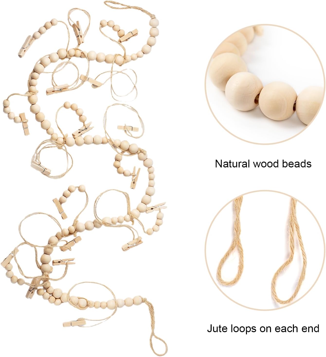 Hanging Photo Display with 18 Wood Clips, Boho Wooden Bead Wall Décor for Bedroom, Living Room, Dorm, Kids Art Picture Display