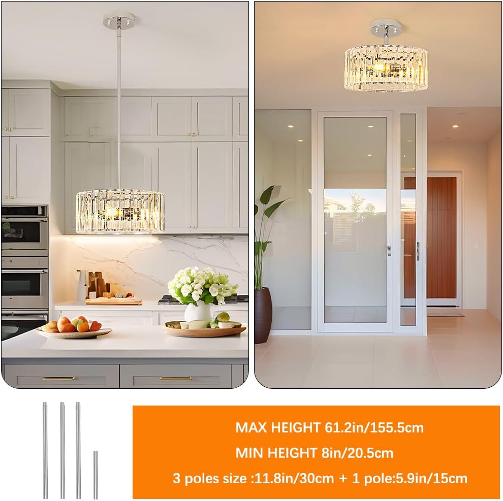 Modern Crystal Chandelier for Dining Room, Chrome Semi Flush Mount Ceiling Light Fixtures, Round Kitchen Hanging Drum Pendant Lights Ceiling, 12” Crystal Pendant Lighting for Foyer Bedroom Living Room