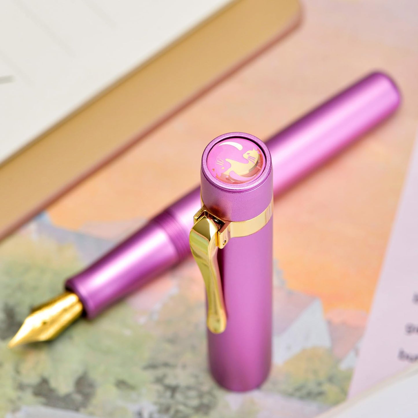 Hongdian M2 Black Forest Mini Fountain Pen, Fine Soft Golden Nib & Sleek Shape Aluminium Short Pocket Travel Pen (Lilac Purple)