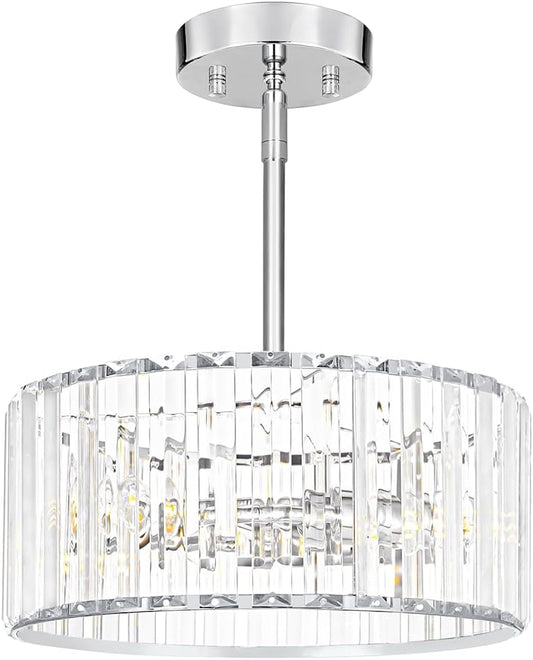 Modern Crystal Chandelier for Dining Room, Chrome Semi Flush Mount Ceiling Light Fixtures, Round Kitchen Hanging Drum Pendant Lights Ceiling, 12” Crystal Pendant Lighting for Foyer Bedroom Living Room