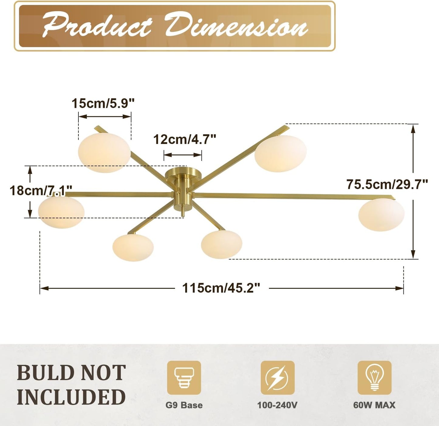 6-Lights Gold Sputnik Chandelier Modern Ceiling Light Fixtures Retro Glass Ceiling Lamp Industrial Semi Flush Mount Lights for Kitchen Living Room Dining Room MCL01-6 GD