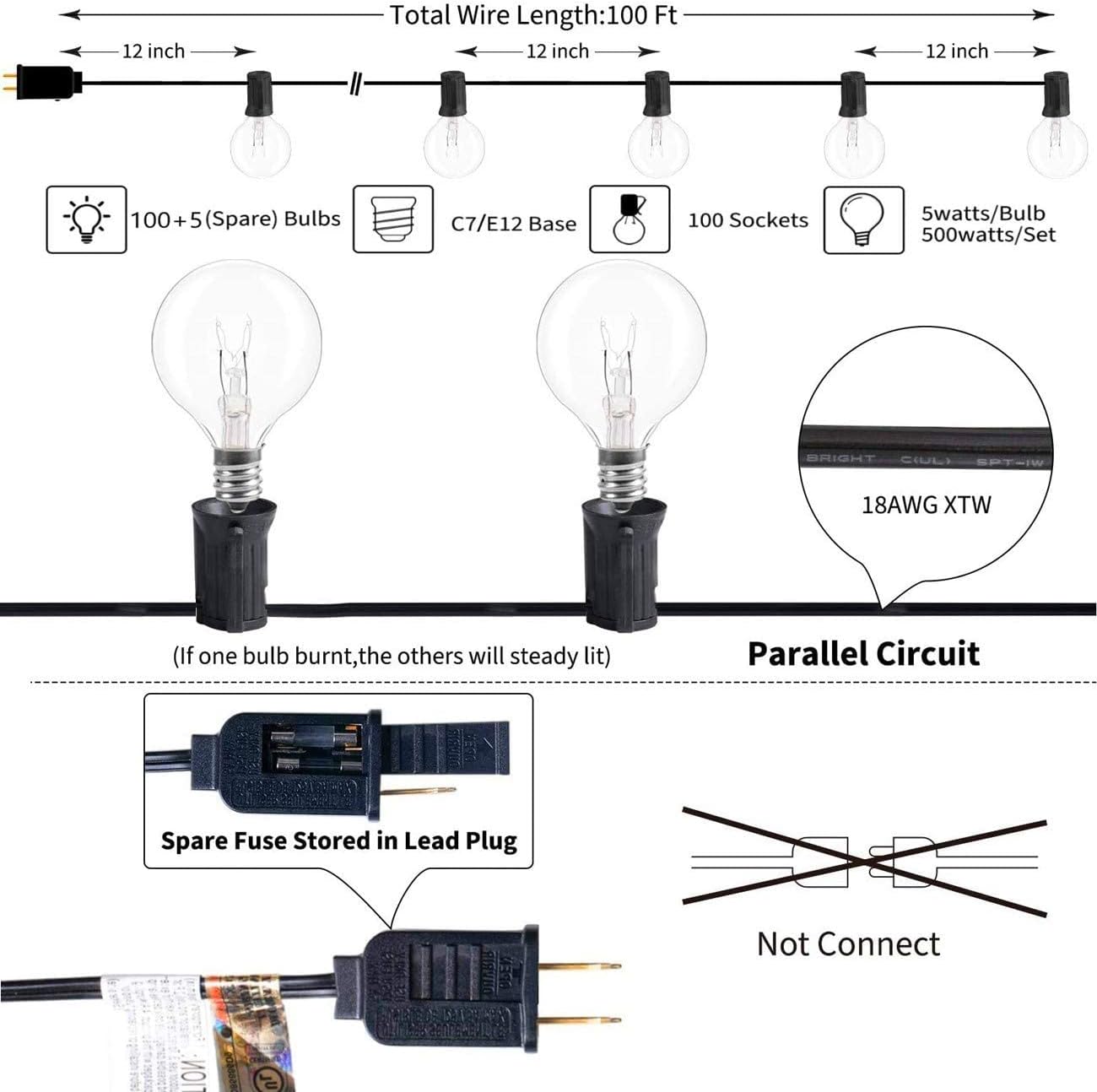 SUNSGNE 100Ft Patio String Lights Waterproof G40 Outdoor String Lights with 105 Clear Edison Bulbs, Globe Bulb Lights for Indoor Outdoor Commercial Decor, E12 Base, Black Wire