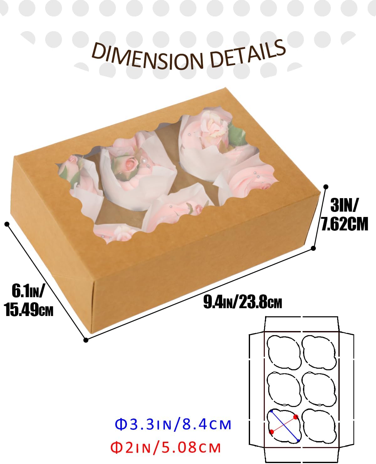 qiqee Brown 6 Cupcake Boxes with Window 30 Auto pop up Packs Cupcake Box 9"x6.1"x3.3" Bakery Boxes For Cupcakes Carrier, Cupcake Containers