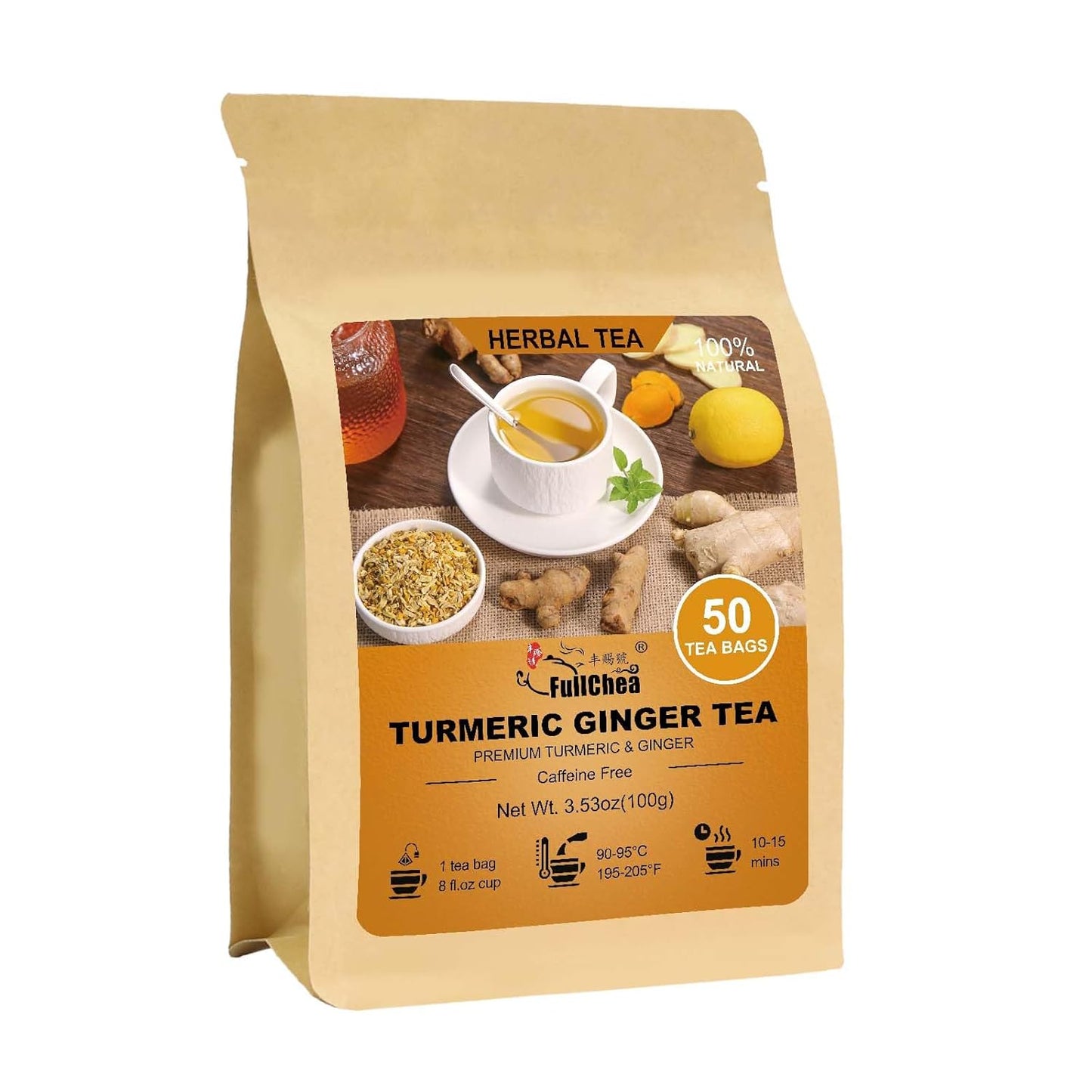 FullChea - Turmeric Ginger Tea Bags, 50 Count, 2g/bag - Premium Turmeric & Ginger- Non-GMO - Caffeine-free - Boost Immunity & Aid Digestion