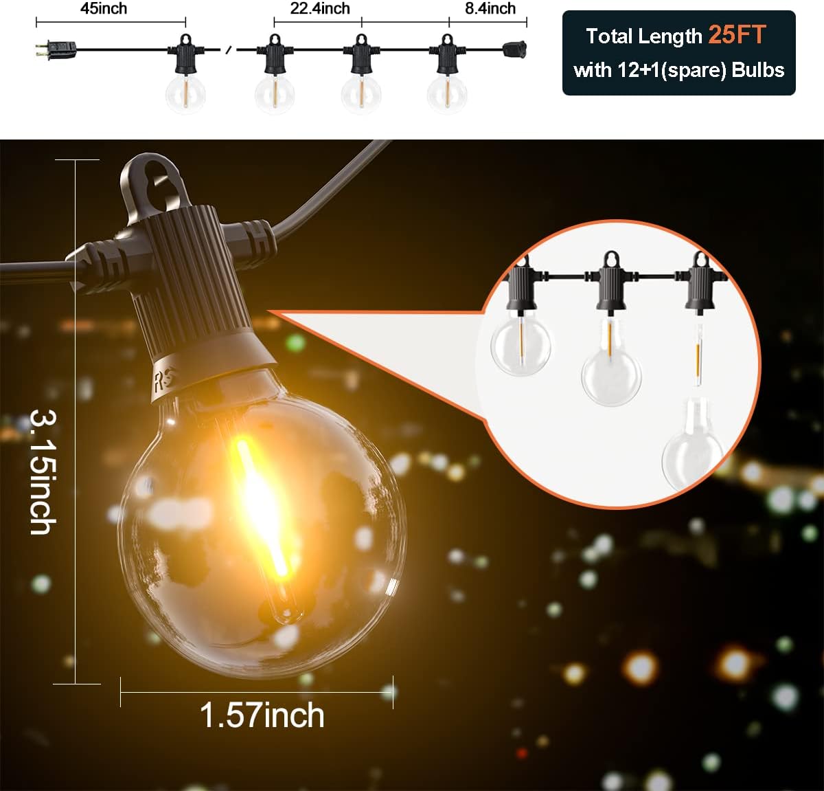 Kawaya Outdoor String Lights 25 FT LED Patio Light with 12+1 Shatterproof Edison Globe Bulbs - IP65 Waterproof Dimmable Hanging Lights - 2700K Warm White Lighting for Outside Yard Porch Deck Bistro