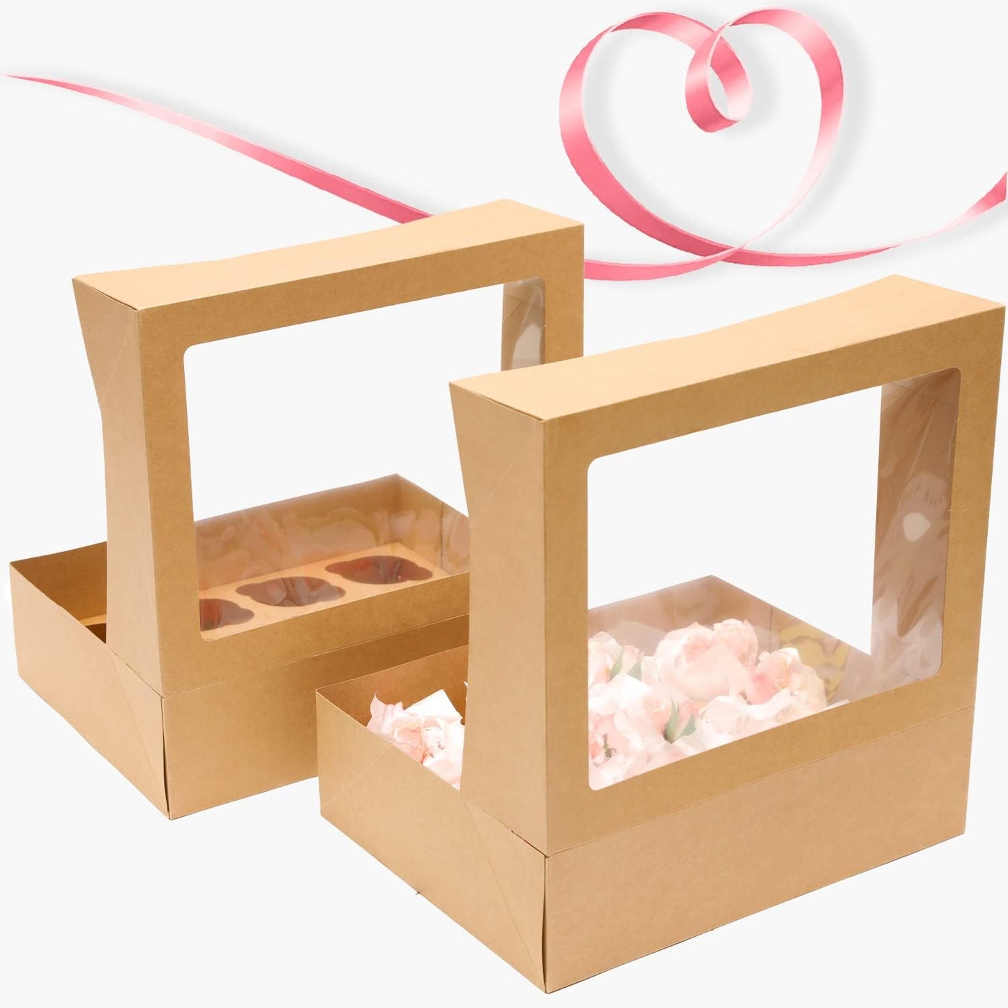 12 Cupcake Containers 12-Packs Brown Cupcake Box Cupcakes Carrier, 12 Cupcake Boxes with Window 13"x10"x3.5"（Auto-pop up）