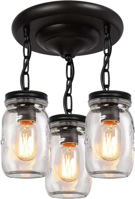 Glass Mason Jar Light Fixtures, 3-Lights Pendant Ceiling Lights Flush Mount - Black Country Farmhouse Lights for Kitchen Dining Room Foyer Stairway Hallway Entryway Porch