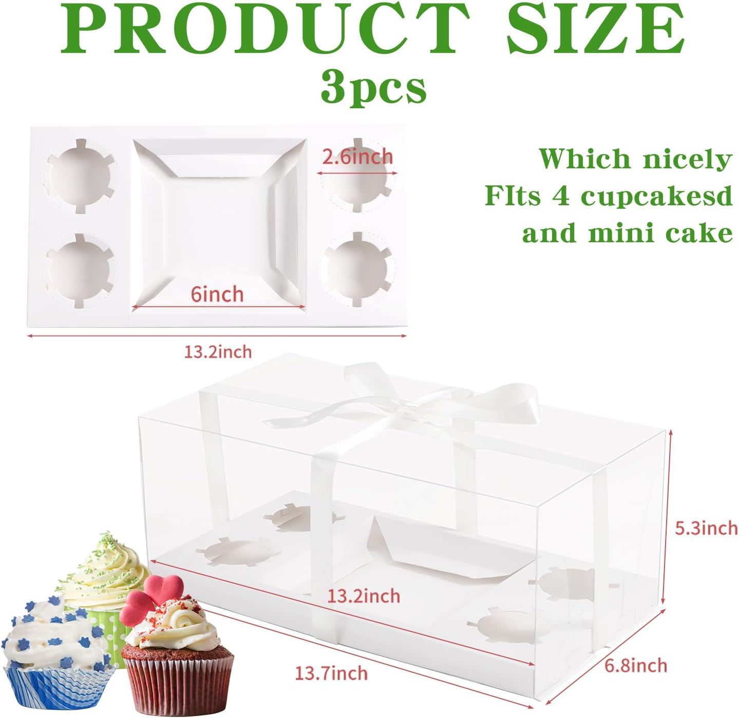 JCD 3pcs Clear Cupcake Boxes Combo,Cake and Cupcakes Box 1+4 Bento Box with Clear Window Bento Boxes Fit 4 Cupcake and 1 Mini Cake for Valentine Wedding Birthday Party Bakery Supplies(1+4/3Pcs)