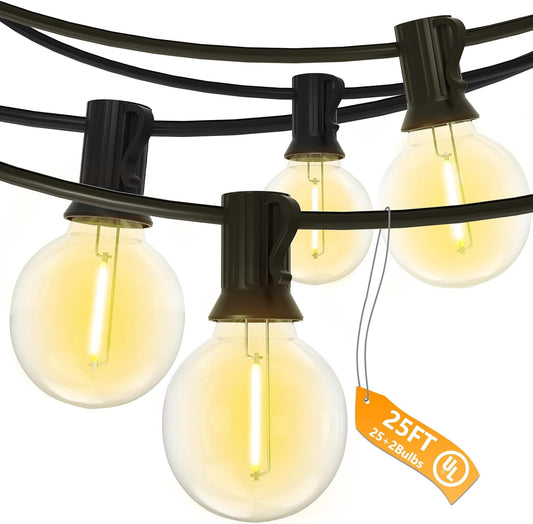 SUNSGNE G40 LED Globe Outdoor String Lights Waterproof Shatterproof, 25FT Outdoor Globe Lights with 25 LED Plastic Clear Light for Café Bistro Porch Pergola Tents Balcony Decor, Black Wire