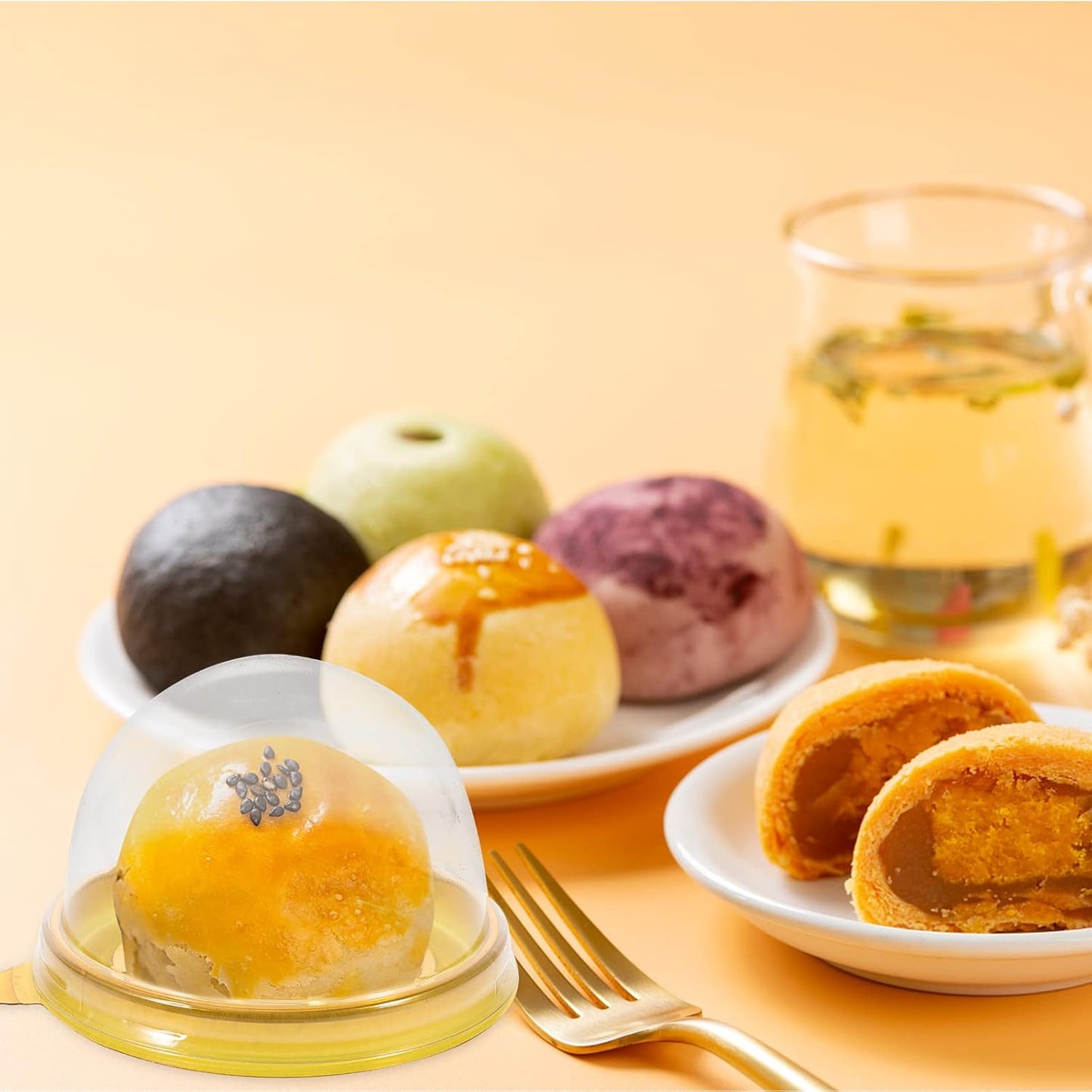 NUOBESTY Individual Cupcake Boxes, 100pcs Golden Tray Round Plastic Transparent Dome Cupcake Boxes Egg-Yolk Puff Food Container Single Mooncake Dome Boxes Baking Packing Box |2.75x2.75x1.96 inch