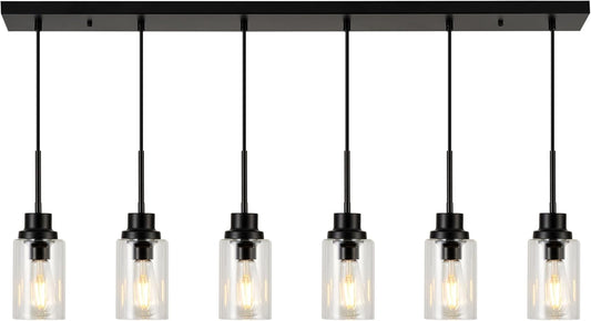 6 Lights Island Lights for Kitchen Modern Industrial Black Linear Chandeliers with Clear Glass Shade for Dining Room Kitchen Long Finish Ceiling Lighting Fixtures