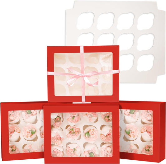 Bakepacker 12 Cupcake Containers 10-Packs Red Cupcake Box Cupcakes Carrier, 12 Cupcake Boxes with Window 13"x10"x3.5"（Auto-pop up）