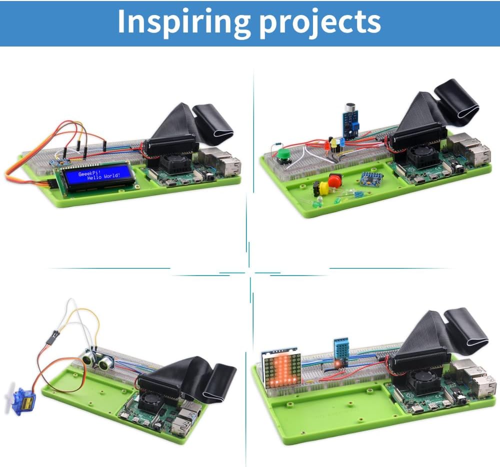 GeeekPi Complete Starter Kit for Raspberry Pi 4B, Python C Java Scratch Code, with 100-Page Tutorial, 16 Projects, 68 Items, ABS Breadboard Holder, Camera Module, Sound Sensor (Pi Board Not Included)