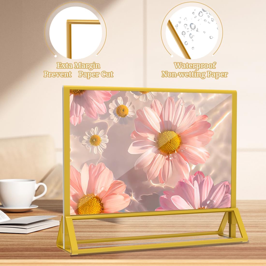 Clear Acrylic Sign Holder 6x 4 Horizontal Double Sided Gold Frame Display Stand Table Flyer Holder for Wedding Table Number Menu Holder (6pcs)