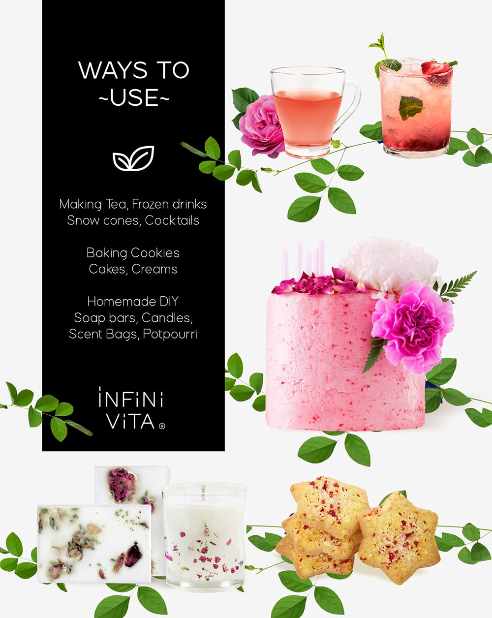 Infini Vita Dried Rose Petals 14g (0.5oz) - Edible Red Rose Tea - Dried Flowers for Cake Decorating, Drinks, Candle, and Soap Making (0.5oz)