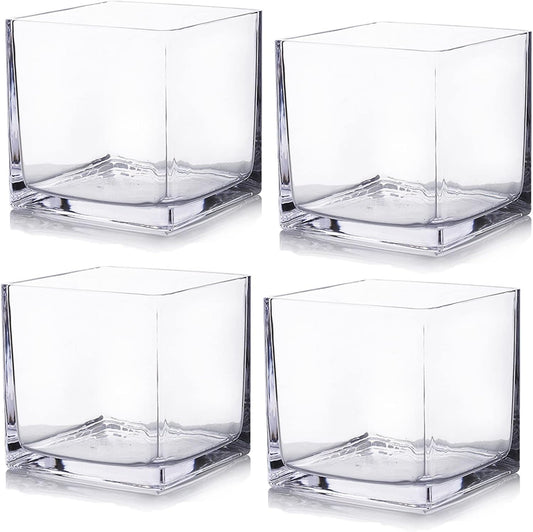 Enova Floral Set of 4 Cube Glass Vase, 6x6X6 Inch Glass Vase for Flowers Planter, Clear Square Glass Vases, Floating Candle Holders, Table Decorative Vase for Wedding Centerpieces, Home Office Décor