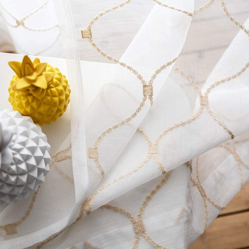 MYSTIC-HOME Embroidery Gold Sheer Curtains 84 Inches Long, Rod Pocket Sheer Drapes for Living Room, Bedroom, 2 Panels, 52"x84", Semi Crinkle Voile Window Treatments for Yard, Patio, Villa, Parlor.