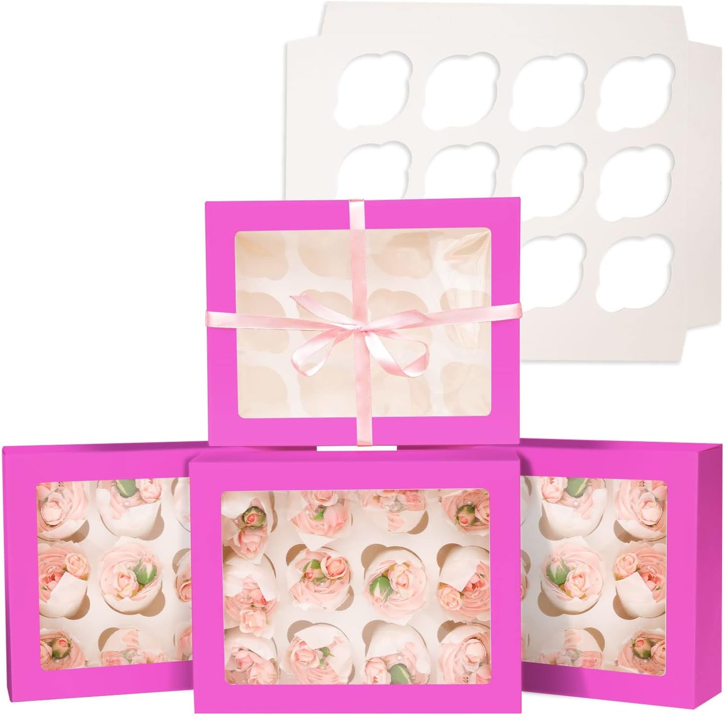 12 Cupcake Containers 10-Packs Roland Cupcake Box Cupcakes Carrier, 12 Cupcake Boxes with Window 13"x10"x3.5"（Auto-pop up）