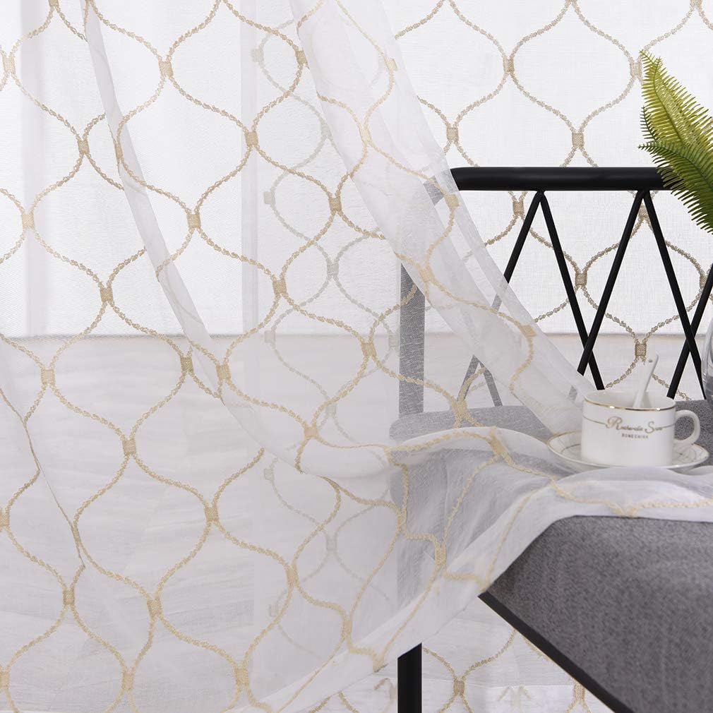 Sheer Curtains Gold 95 Inches Long, Embroidered Wave Diamond Window Treatments Rod Pocket Drapes for Living room, Bedroom, Semi Crinkle Voile Curtain Panels for Yard, Patio, Villa, Set of 2, 52"x95".