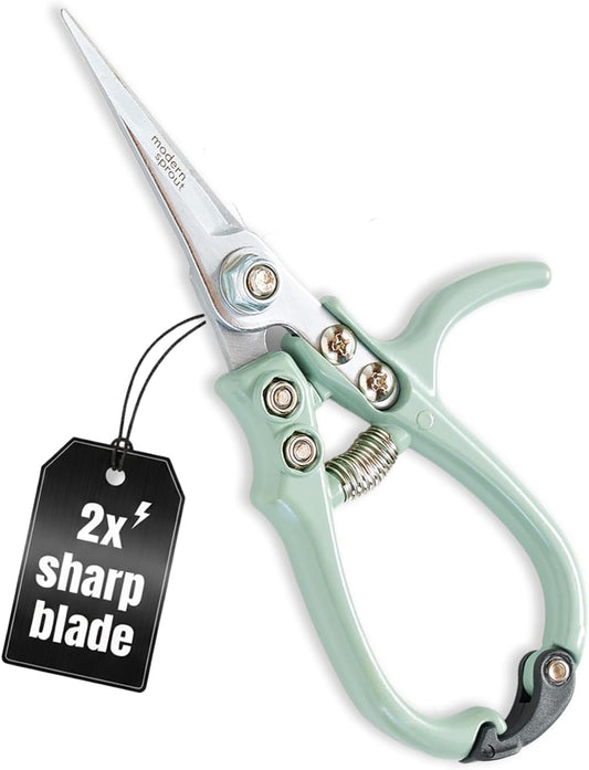 Modern Sprout Pruning Shears - Herb Snipping Scissors- Lightweight Gardening Tools W/Easy Lock - Flower Cutter Garden Shears - Carbon Steel Blade + Reusable Holster (Green, 1-Pack)