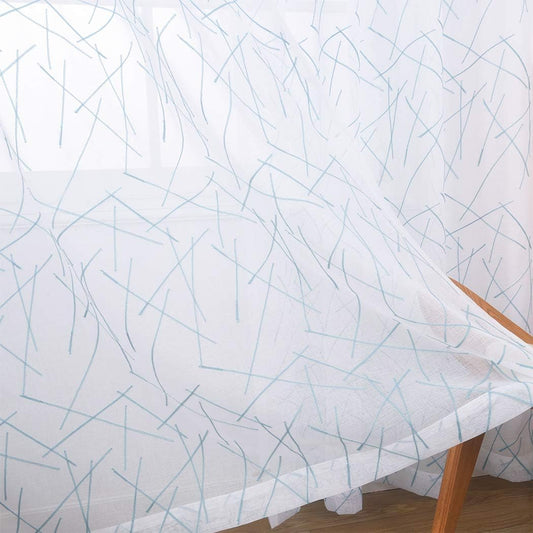 Blue Sheer Curtains 63 Inches, Rod Pocket Voile Drapes for Living room, Bedroom, Modern Embroidery Window Treatments Semi Faux Linen Curtain Panels for Yard, Patio, Parlor, Set of 2, 52"x 63".