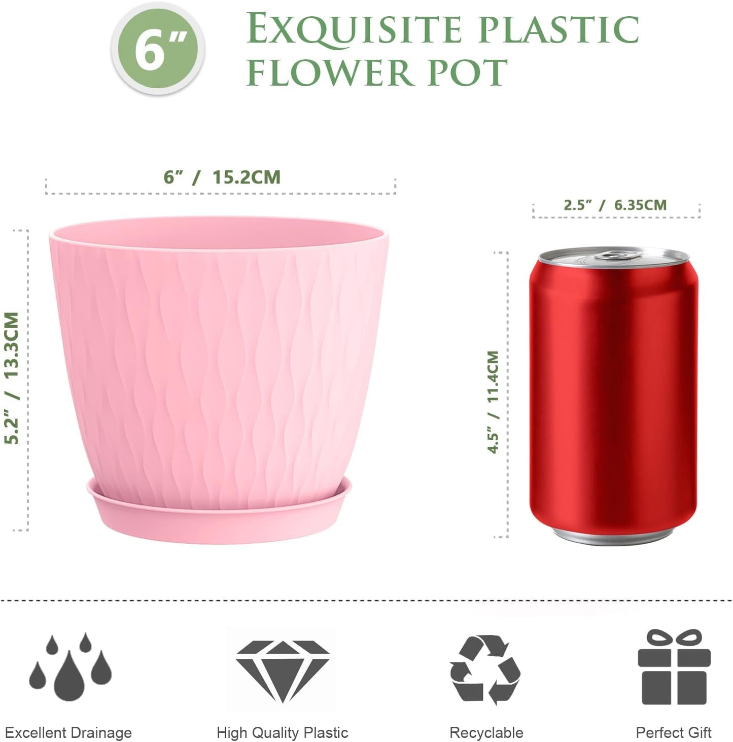 6 inch Flower Pots, 5 Pack Plant Pots with Drainage Holes and Saucers for Indoor Plants, Plastic Planters with Water Ripple for Small Garden House Plants, Nursery Pots for Succulent, Colorful