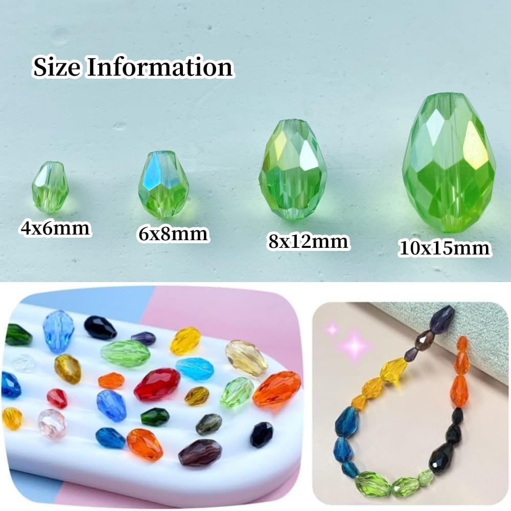 50pcs 10x15mm Teardrop Crystal Glass Beads Vertical Hole Faceted Glass Teardrop Spacer Beads for Bracelets Necklace Earring DIY Jewelry Making Craft(Light Green AB)